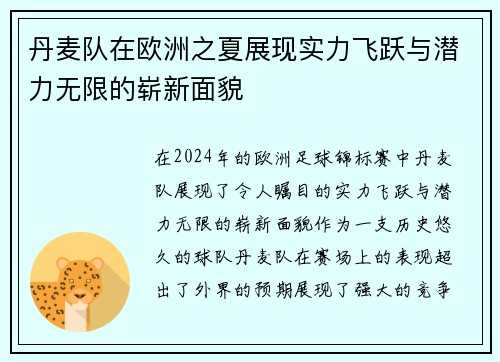 丹麦队在欧洲之夏展现实力飞跃与潜力无限的崭新面貌
