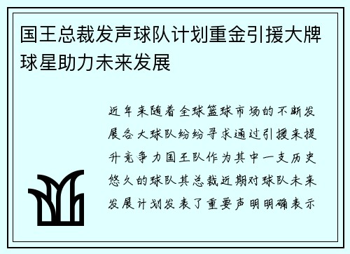 国王总裁发声球队计划重金引援大牌球星助力未来发展