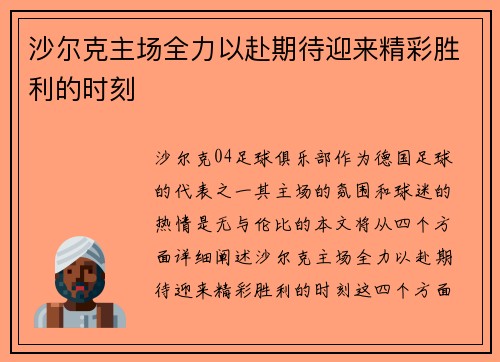 沙尔克主场全力以赴期待迎来精彩胜利的时刻