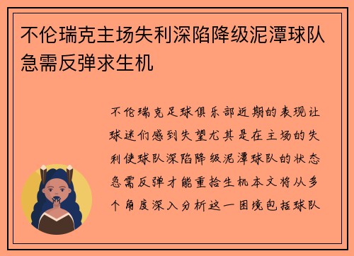 不伦瑞克主场失利深陷降级泥潭球队急需反弹求生机