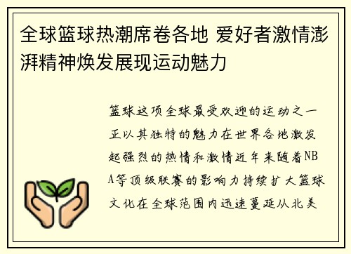 全球篮球热潮席卷各地 爱好者激情澎湃精神焕发展现运动魅力