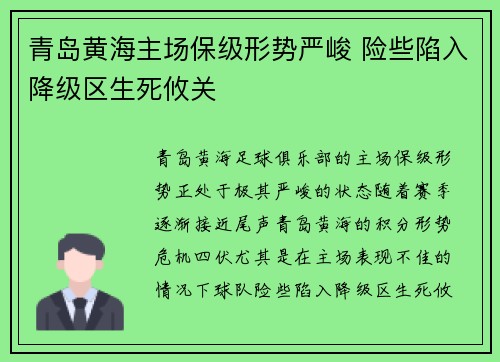 青岛黄海主场保级形势严峻 险些陷入降级区生死攸关