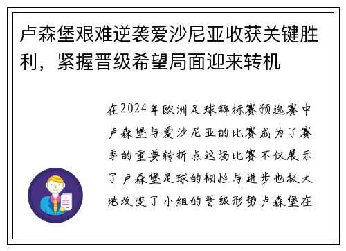 卢森堡艰难逆袭爱沙尼亚收获关键胜利，紧握晋级希望局面迎来转机