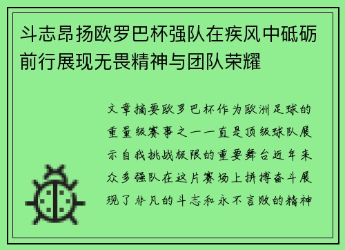 斗志昂扬欧罗巴杯强队在疾风中砥砺前行展现无畏精神与团队荣耀