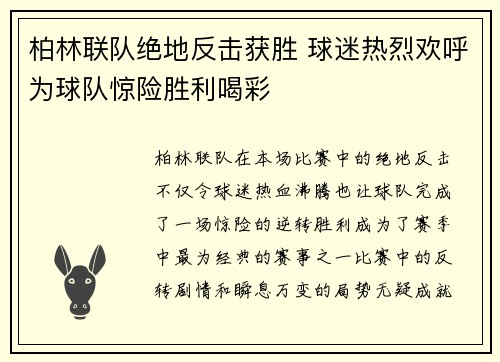 柏林联队绝地反击获胜 球迷热烈欢呼为球队惊险胜利喝彩