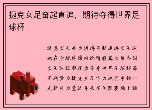 捷克女足奋起直追，期待夺得世界足球杯