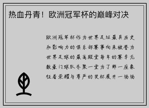 热血丹青！欧洲冠军杯的巅峰对决