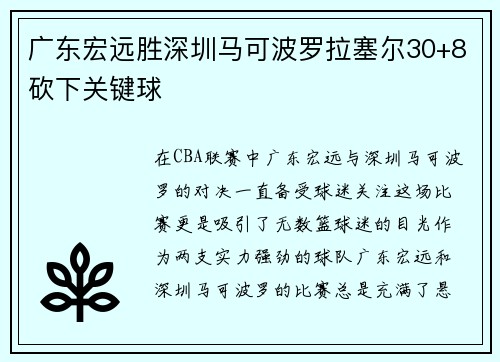 广东宏远胜深圳马可波罗拉塞尔30+8砍下关键球