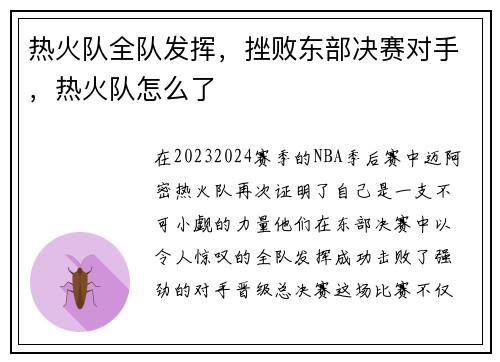 热火队全队发挥，挫败东部决赛对手，热火队怎么了