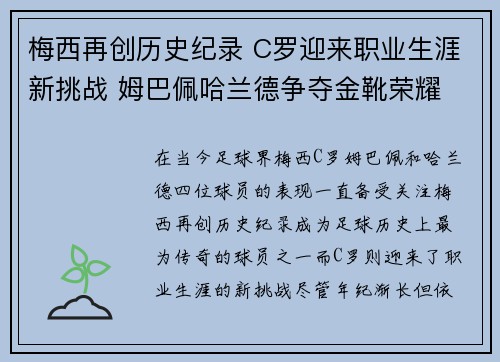 梅西再创历史纪录 C罗迎来职业生涯新挑战 姆巴佩哈兰德争夺金靴荣耀