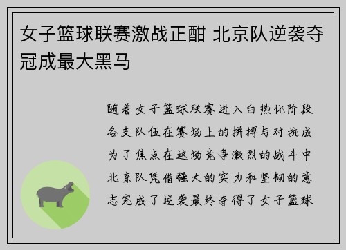 女子篮球联赛激战正酣 北京队逆袭夺冠成最大黑马